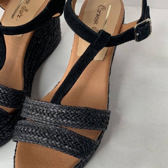 Carmen Saiz black suede T-strap woven jute espadrille platform wedges - Picture 4 of 10